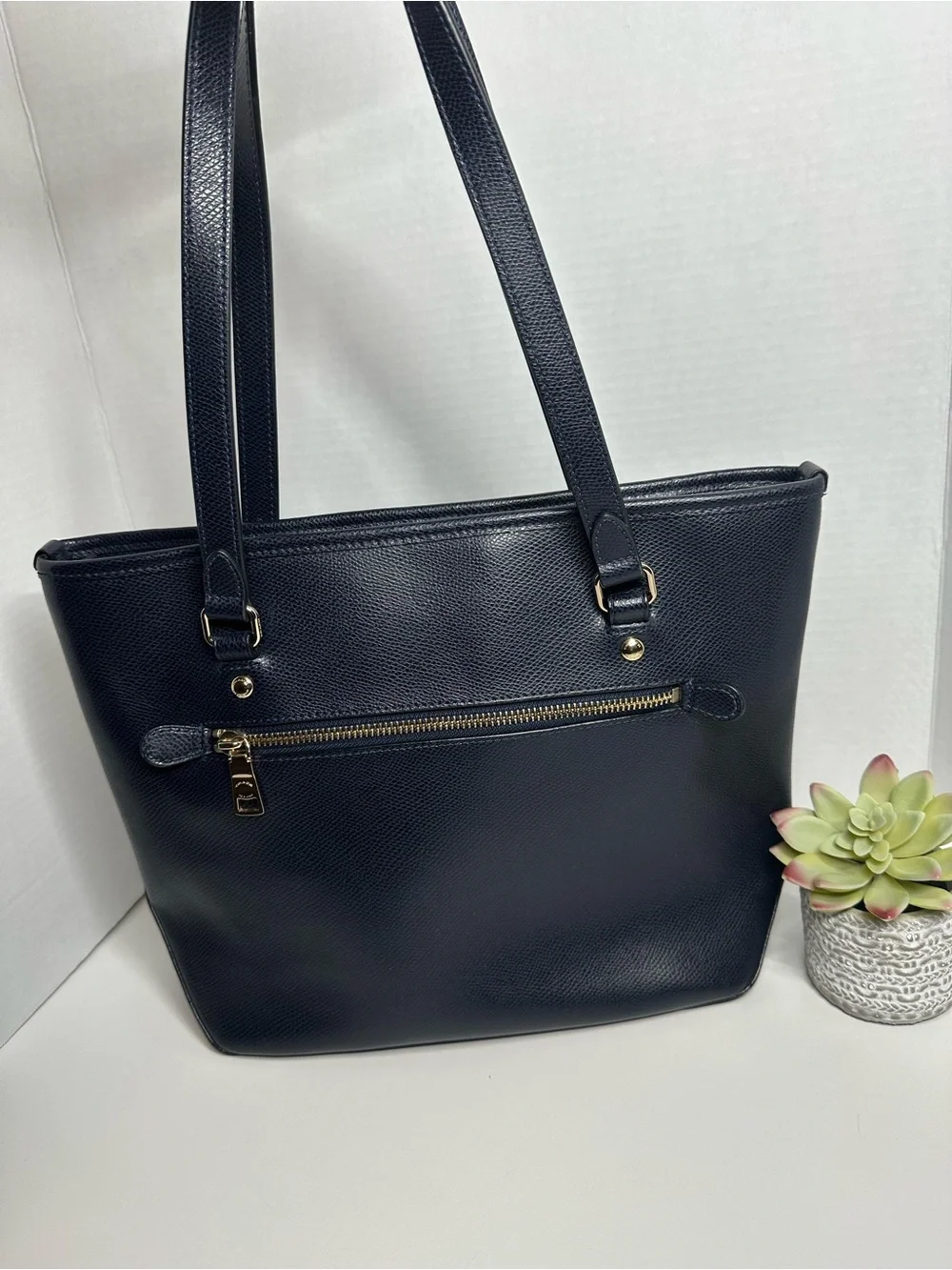 Coach Navy Pebbled Leather Tote with Tag and Gold Accent